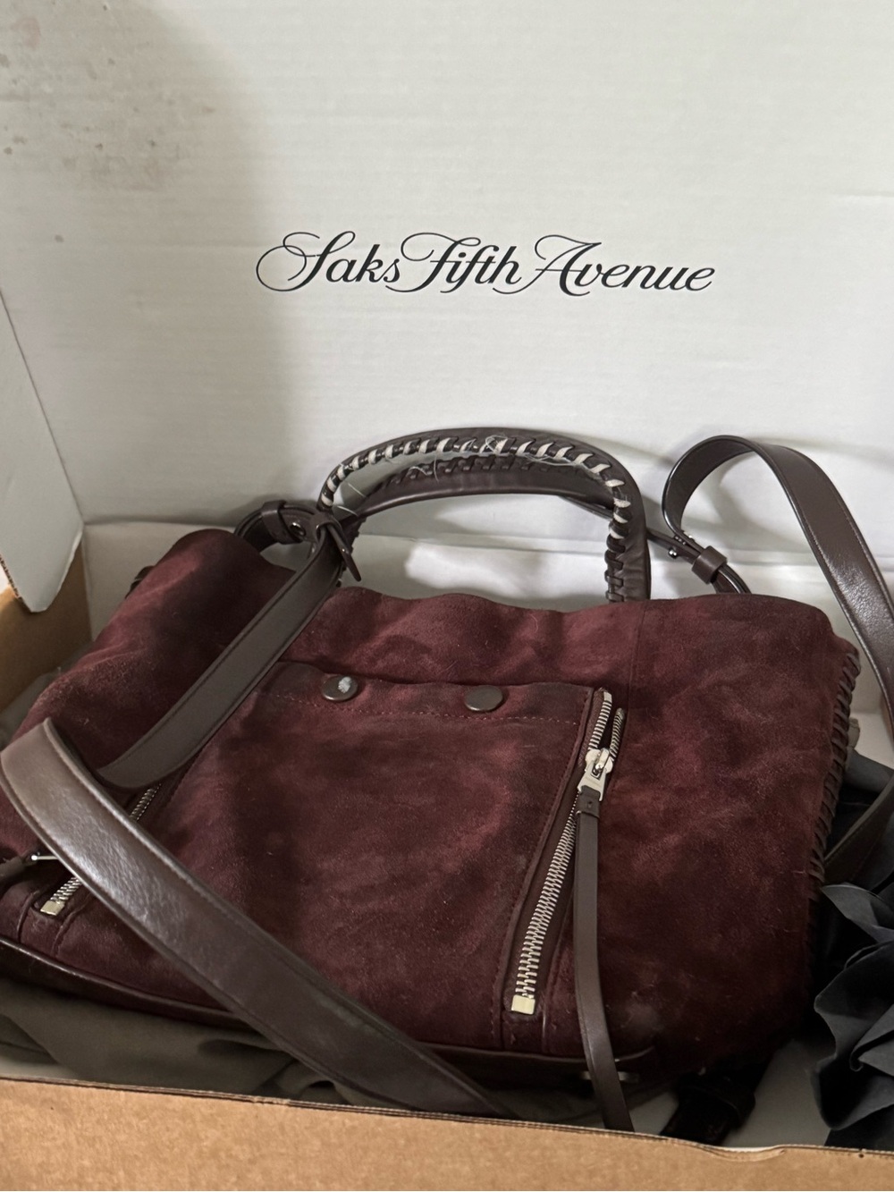 All Saints Burgundy Suede Shoulder Bag with Dark Brown Trim